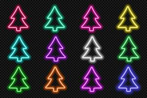 neon Spar boom icoon set. gloeiend coloful Kerstmis kozijnen. vakantie regenboog kleuren vorm actie ui elementen met kopiëren ruimte. Purper, blauw, roze, geel, groente, rood kleur tekst doos. vector illustratie.