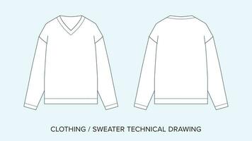 wol v nek trui, technisch tekening, kleding blauwdruk voor mode ontwerpers vector