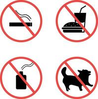 tekens verbieden roken, Nee voedsel toegestaan en Nee honden toegestaan vector
