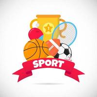 sport tijd vlakke stijl ontwerp apparatuur poster vectorillustratie met ballen - voetbal, voetbal, basketbal. beker beker tennis en ping pong racket, groot rood lint en tekst ruimte geïsoleerd op wit. vector