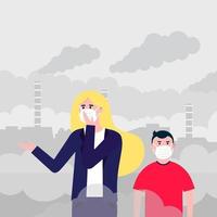 verwarde vrouw en kind in maskers tegen smog. fijn stof, luchtvervuiling, industriële smog bescherming concept vlakke stijl ontwerp vectorillustratie. industriële fabriekspijpen met enorme rookwolken. vector