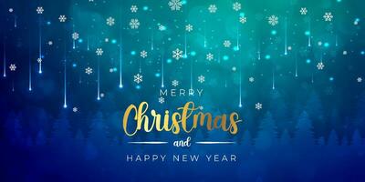 vrolijk Kerstmis en gelukkig nieuw jaar abstract blauw groen achtergrond, Kerstmis boom sneeuwvlok sterren en bal, groet kaart, vakantie decoratie meetkundig patroon, futuristische digitaal tech illustratie vector
