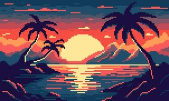 tropisch neon pixel baai met palm bomen achtergrond. kleurrijk 8 bit zee met golven en zon instelling achter bergen en wolken in 80s synthwave vector stijl