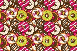 groep kleurrijke zoete donuts met glazuur en hagelslag achtergrond bovenaanzicht donut naadloze patroon achtergrond behang dessert en bakkerij concept trendy schattig cartoon voedsel gratis vectorillustratie vector