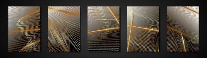 set kaarten abstracte gravure gouden textuur. golvende ets achtergrondkleur voor de kleurovergang. luxe uitnodiging of omslagontwerpsjabloon, golvende gouden strepen en kopieerruimte. vector illustratie