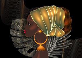 afro kapsel, mooi portret Afrikaanse vrouw in wax print stof gouden tulband, diversiteit concept. zwarte koningin, etnische hoofdband voor afro-vlechten en kinky krullend haar. vector geïsoleerde zwarte achtergrond