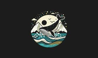 walvis en berg en zee vector illustratie artwork ontwerp