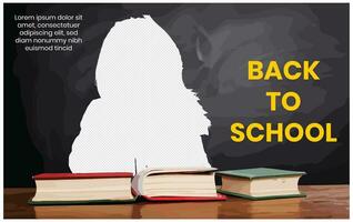 terug naar school- poster met schoolbord, boeken, potloden, appel en andere benodigdheden. vector illustratie