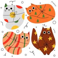 reeks geschenk in de het formulier van katten. cadeaus reeks verpakking en decoratie, origineel ontwerp, geven cadeaus in viering. taart, snoep, tas, boog, geschenk inpakken. vector tekenfilm illustratie voor kerstmis.