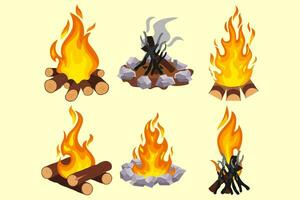 brand en vlammen, brand in de vuur, tekenfilm kampvuur hout vreugdevuur brandend vector