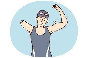 vrouw zwemmer met een arm tonen sterkte door tonen biceps net zo teken van zege. vector beeld
