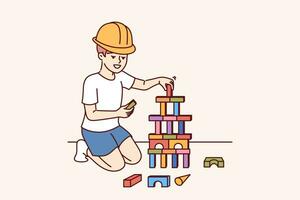 weinig jongen bouwer creëert toren van kinderen bakstenen spelen en dromen van worden architect vector