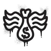 geld zak graffiti met Vleugels getrokken met zwart verstuiven verf vector