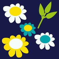 vlak bloemen en blad set. vector bloesems, retro wijnoogst hand- getrokken decoratief elementen, Jaren 60 en jaren 70 bloem, helder kleuren. illustratie voor ansichtkaart, behang, poster, logo ontwerp, decoratie.