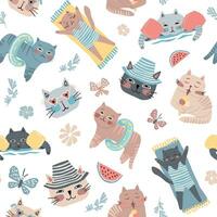 kittens Aan zomer vakantie. schattig kinderachtig vlak illustratie in teder pastel kleuren. naadloos vector patroon voor stoffen, achtergronden, omhulsel papier.