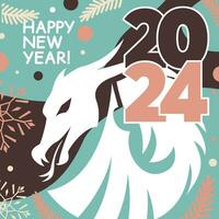 gelukkig nieuw jaar 2024 plein kaart met draak, sneeuwvlokken, en tekst. vector vlak illustratie.