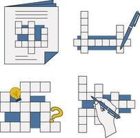 reeks van kruiswoordraadsel puzzel dag. met pen, lamp, en hand. geïsoleerd vector illustratie.
