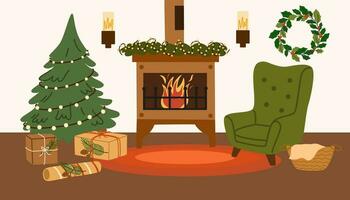 Kerstmis leven kamer modern interieur. haard, fauteuil met kussen, Kerstmis guirlande, Kerstmis boom, geschenken, vakantie decor. vector illustratie van meubilair voor huis geïsoleerd Aan wit achtergrond