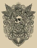 illustratie wijnoogst schedel slang roos met gravure ornament vector