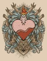 illustratie hand- getrokken. wijnoogst liefde hart met gravure ornament vector