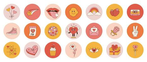 groovy reeks stickers voor valentijnsdag dag. madeliefje, karakter hart, regenboog. liefde concept. vector illustratie in modieus retro Jaren 60 jaren 70 stijl