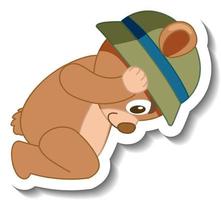schattige beer cartoon met hoed sticker zijaanzicht vector