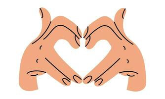 handen shows een hartvormig gebaar, een artistiek illustratie van een hand- tekening lijn. vingers vouwen een hart Aan een wit achtergrond. de concept van menselijk lichaam taal aanduiding liefde. vector illustraties
