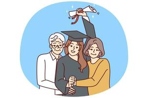 gelukkig ouderen ouders knuffel opgewonden dochter in diploma uitreiking mantel Holding diploma. glimlachen volwassen mam en vader omhelzing gelukkig meisje afstuderen van Universiteit. vector illustratie.
