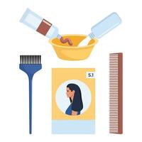 menging kleurstof en oxidatiemiddel in een plastic kom voor haar- kleuren. haar- kleur elementen. gereedschap en kunstmatig producten voor haar- zorg. elementen voor schoonheid salon. vector illustratie.