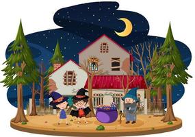 kinderen vieren halloween voor het oude huis vector