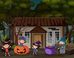 kinderen vieren halloween in spookhuis vector