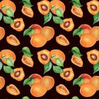 waterverf geheel en segment abrikozen naadloos patroon geïsoleerd Aan donker. oranje fruit illustratie. perzik, bladeren, nectarine hand- getrokken. ontwerp element voor pakket, inpakken, textiel, achtergrond vector
