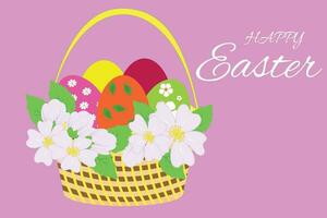 Pasen mand met gekleurde eieren en delicaat appel boom bloemen, een felicitatie- poster voor de Pasen vakantie. geschikt voor banier, uitnodiging, kaarten en affiches. vector illustratie.