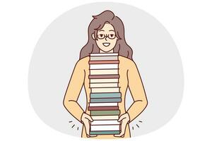 glimlachen jong vrouw in bril met stapel van boeken genieten lezing. gelukkig meisje met stack van studieboeken. literatuur en aan het leren. vector illustratie.