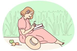 vrouw zittend in veld- lezing boek. gelukkig meisje genieten zomer picknick met tijdschrift of leerboek. zomertijd ontspanning. vector illustratie.