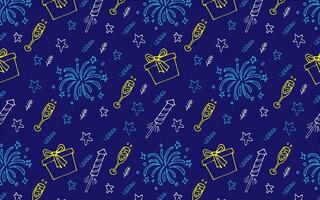 nieuw jaar vector patroon. kleur illustratie van nieuw jaar vuurwerk, geschenken, sterren en bril Aan een blauw achtergrond. achtergrond voor verpakking, kleding stof en geschenk.