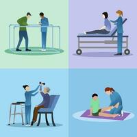 reeks van chiropractie en fysiek behandeling behandeling, therapeuten helpen patiënten gedurende fysiotherapie en revalidatie vector illustratie