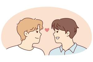 detailopname van homo paar op zoek in ogen voelen in liefde. glimlachen mannen tonen zorg en affectie. homoseksueel verhouding en lgbt. vector illustratie.