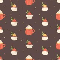 heet drinken en cupcakes naadloos patroon. herfst naadloos patroon. vector illustratie in vlak stijl