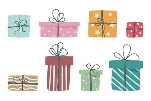 reeks van Kerstmis geschenken, nieuw jaar presenteert, geschenk dozen met linten, vector illustratie in vlak stijl