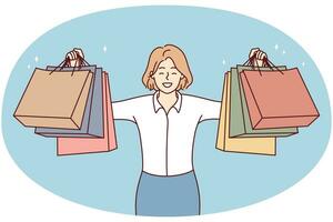 gelukkig jong vrouw Holding papier Tassen opgewonden met winkelen. glimlachen vrouw cliënt of klant tonen aankopen buying in winkelcentrum. consumentisme. vector illustratie.