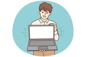 glimlachen jong Mens Holding laptop met mockup scherm. gelukkig mannetje tonen leeg blanco kopiëren ruimte Aan computer Scherm. vector illustratie.