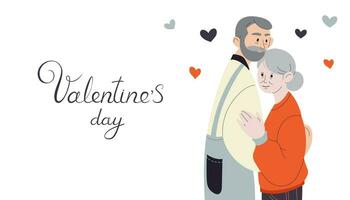 gelukkig valentijnsdag dag web spandoek. oud mensen in liefde knuffelen. liefde van allemaal leeftijden. feestelijk belettering. gevoelens van liefde en zorg. feestelijk helder ansichtkaart, Gefeliciteerd, poster. vector vlak illustratie.