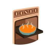 pompoen taart in oven vector vlak illustratie. vers zoet gebakjes. Koken Bij huis. familie tradities. Kerstmis taart. herfst en winter taart.