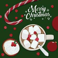 heet chocola met marshmallows en cupcakes voor Kerstmis vooravond. Kerstmis vector illustratie ontwerp