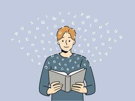 polyglot Mens leest boek met woordenboek en leert nieuw taal staand tussen vliegend Latijns brieven vector