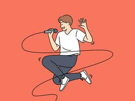 jumping mannetje zanger met microfoon geniet het uitvoeren van energiek liedjes Bij karaoke partij vector