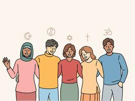 mensen verschillend religies knuffel, gevoel eenheid en afwezigheid van meningsverschillen ten gevolge naar verschillen geloofsovertuigingen vector