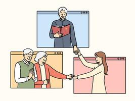 priester Leidt online christen massa Holding handen met parochianen gelegen in internet ramen vector