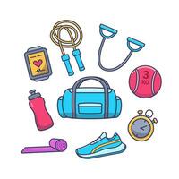sport en Sportschool apparatuur, sport item in de buurt Sportschool tas, rennen schoenen, jumping touw, mat vector
